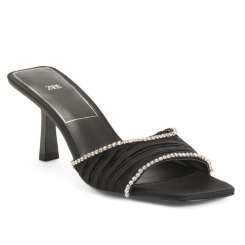 New Zara Crystal Trim Open Square Toe Black Satin Mule Slide Sandals Size 6.5